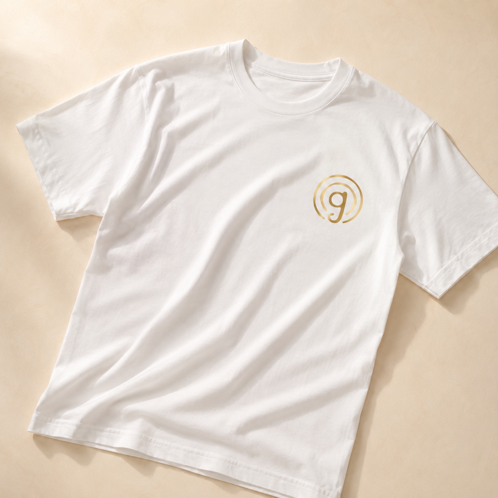 White t-shirt with gold Gorgeous Wood mark