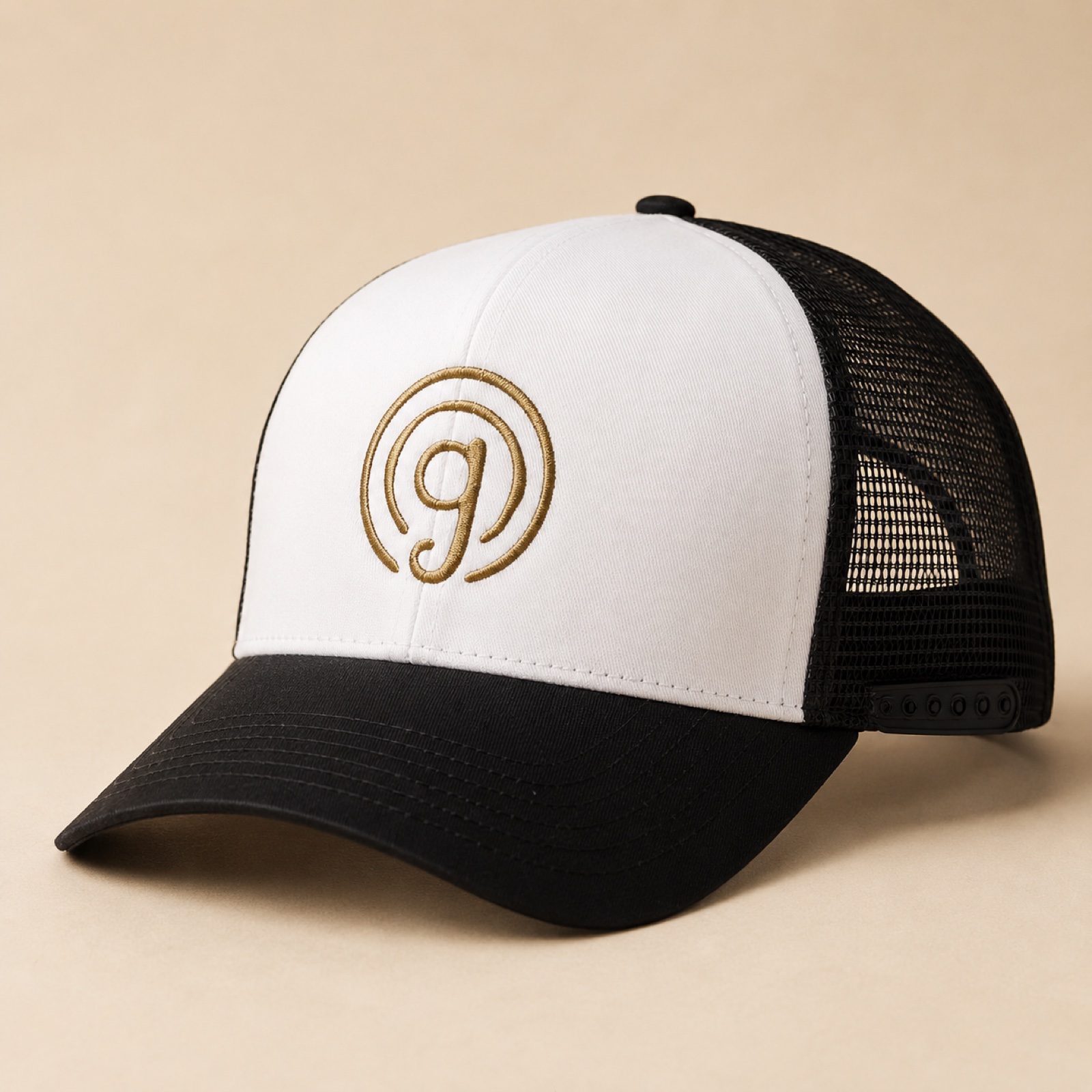 White trucker cap with embroidered gold Gorgeous Wood mark