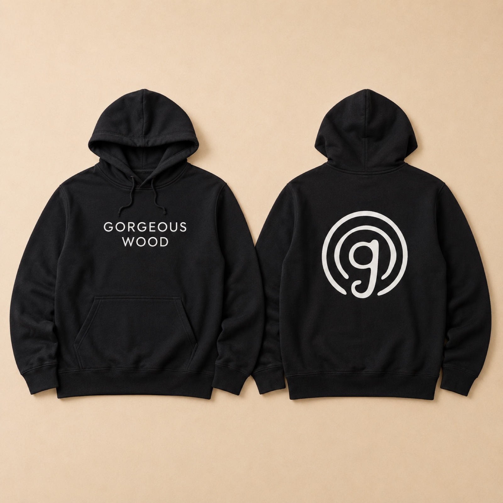 Black pullover hoodie front and back with Gorgeous Wood wordmark and mark