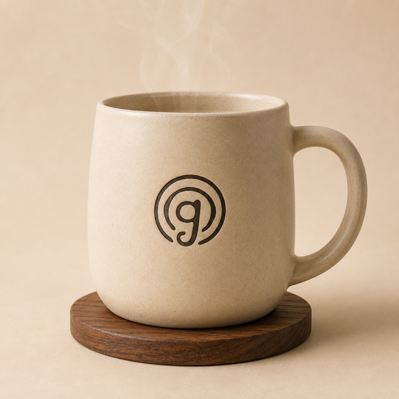 Cream stoneware mug with dark Gorgeous Wood mark on a wooden coaster