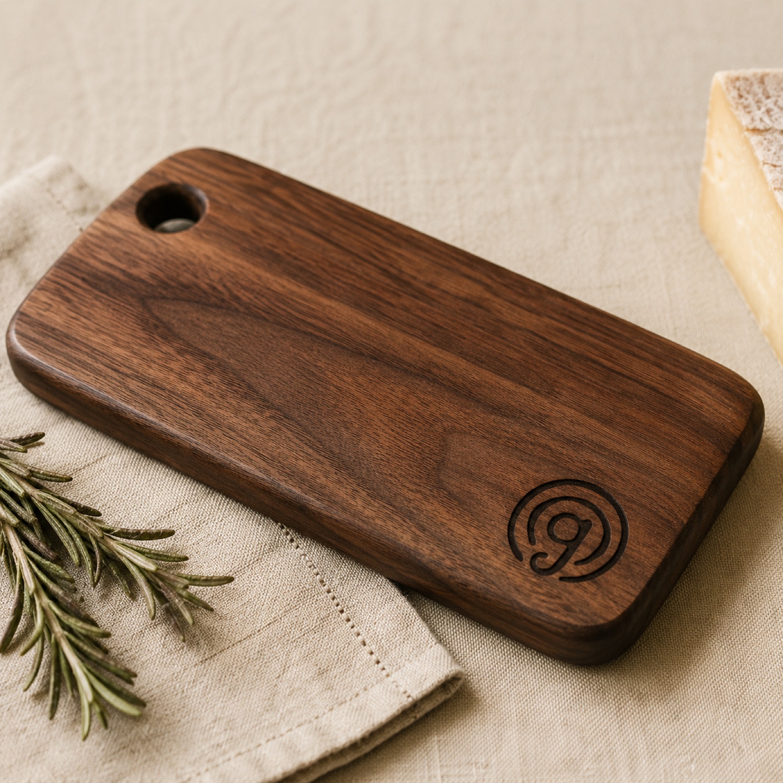 Mini walnut board with burned Gorgeous Wood mark, rosemary and cheese