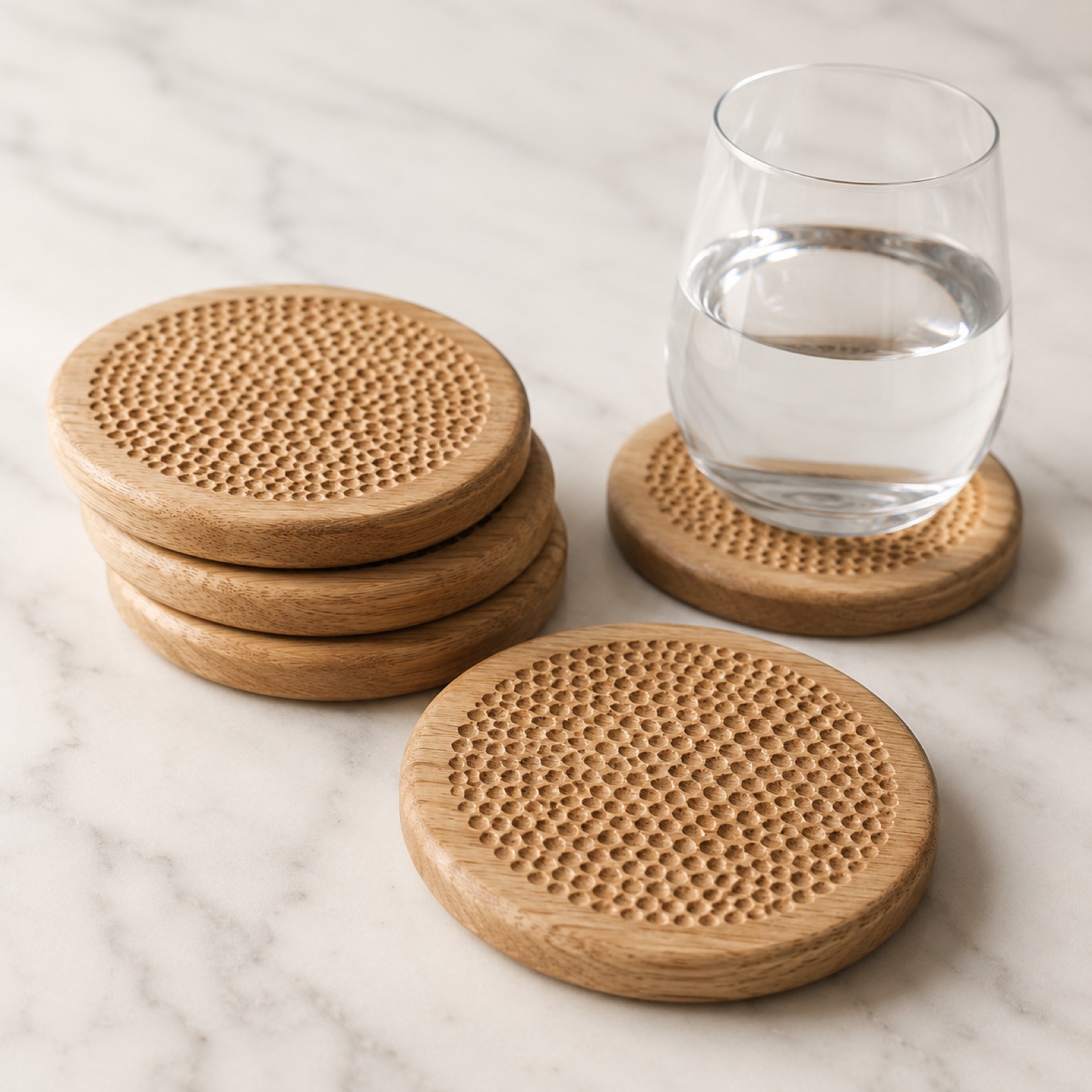 Set of four ash-wood coasters with honeycomb signature pattern on marble