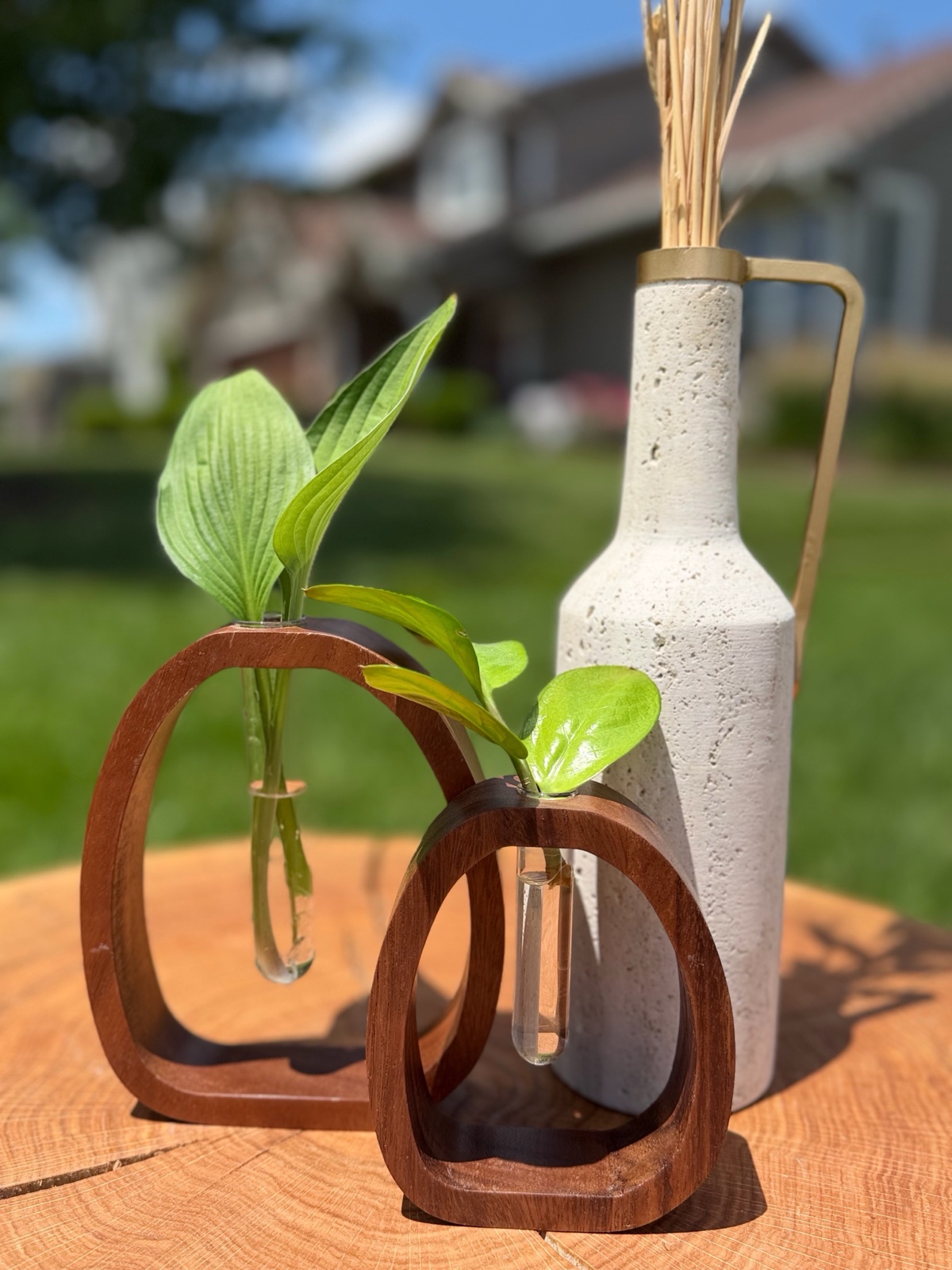 Stone and wooden vases